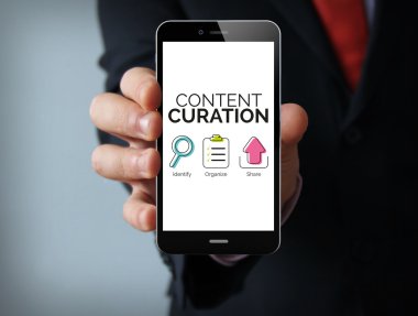 hand holding phone with content curation clipart