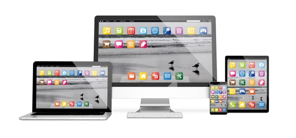 Dispositivos con iconos de página de inicio y aplicación en las pantallas —  Fotos de Stock