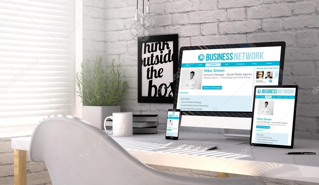 Business social network responsive web on devices mockup