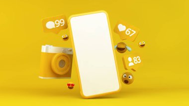 Sosyal medya bildirimleri ve emoji 3D görüntüleme ile sarı akıllı telefon