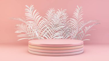 Üç boyutlu palmiye yapraklı minimum pembe podyum