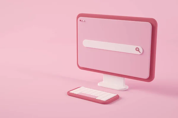 オンライン検索3Dレンダリングと最小ピンクのコンピュータ — ストック写真