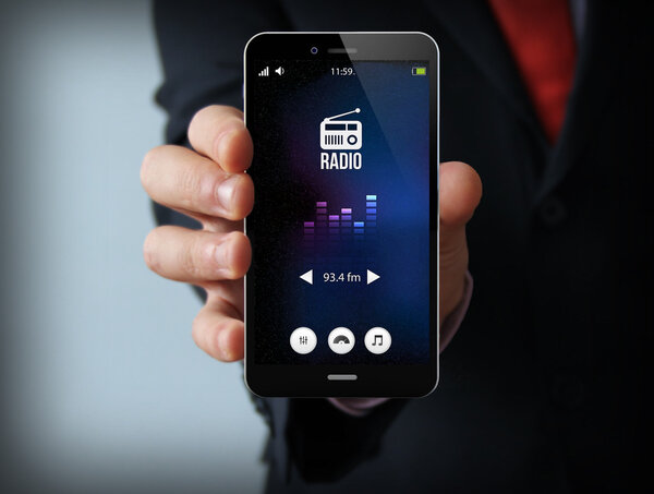 businessman with radio smartphone
