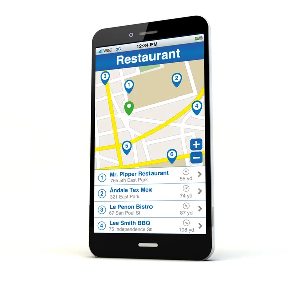 Phone with restaurant search app — Zdjęcie stockowe