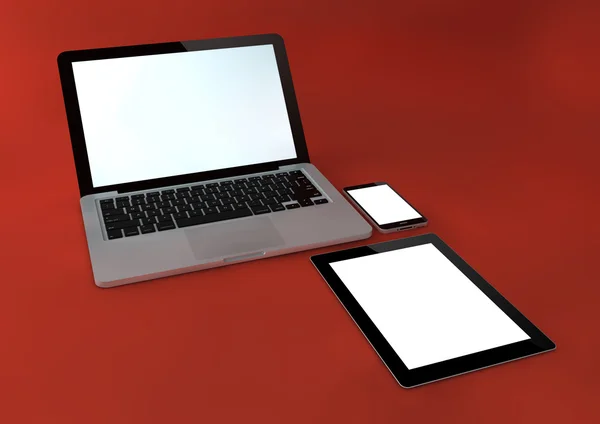 Offener Laptop mit digitalem Tablet und Smartphone — Stockfoto