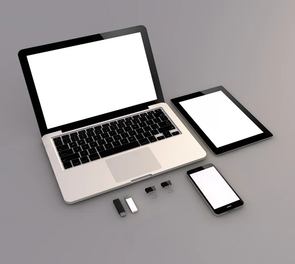 Offener Laptop mit digitalem Tablet und Smartphone — Stockfoto