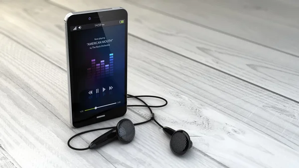 Smartphone with earphones and music app — 스톡 사진