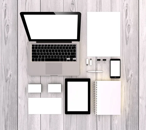 Material de escritório em branco com dispositivos — Fotografia de Stock