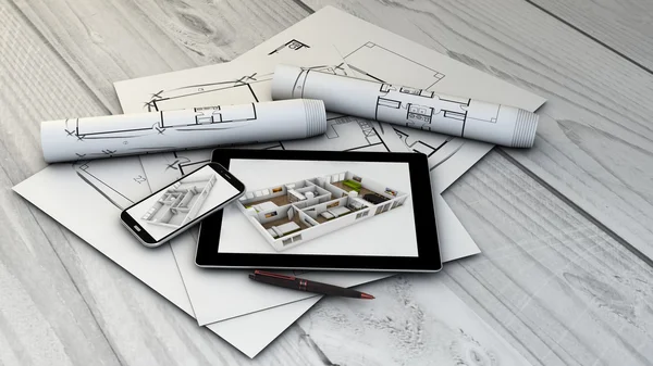 Tablet e smartphone con interior design — Foto Stock