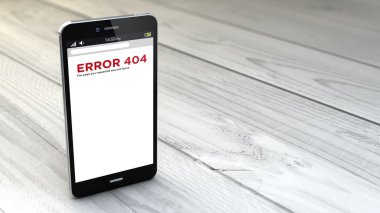 ahşap arka plan üzerinde 404 hata ile Smartphone