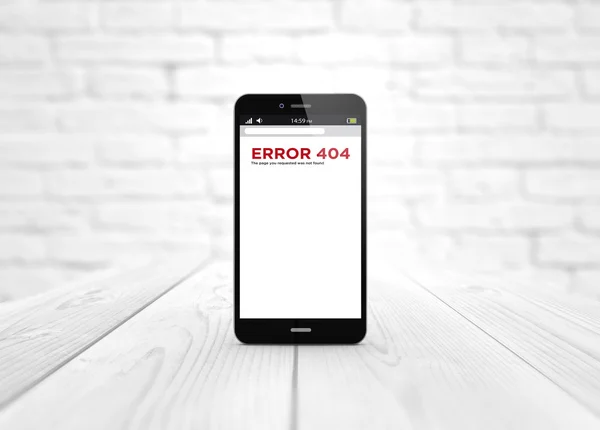 Akıllı telefon üzerinden hata 404 ile ahşap masa — Stok fotoğraf