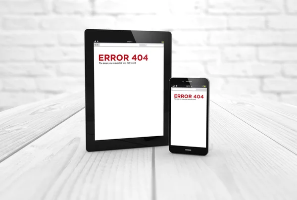 Tablet and smartphone with error 404 on screen — Stock Photo, Image