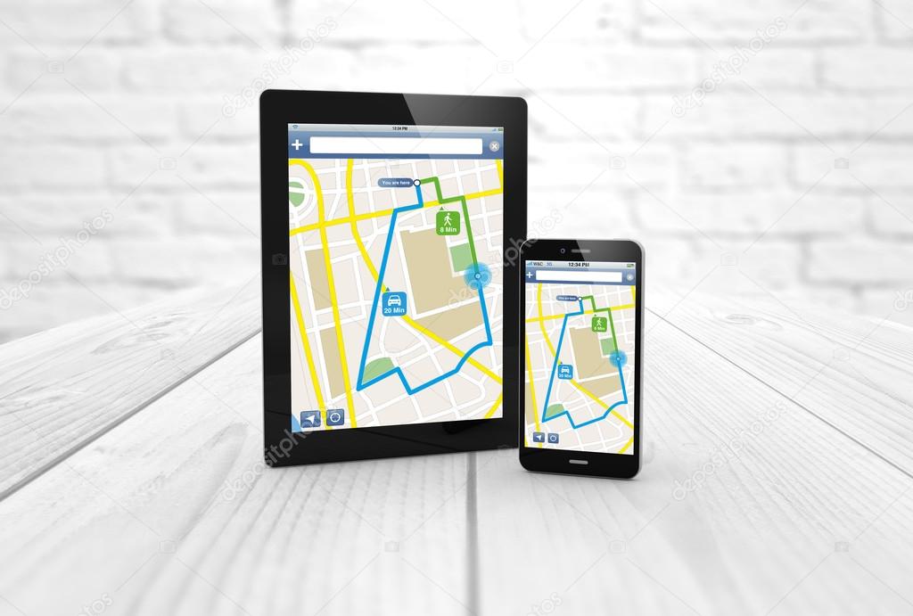 smartphone and tablet with navigator map