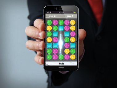 3D oluşturulan smartphone tutan işadamı