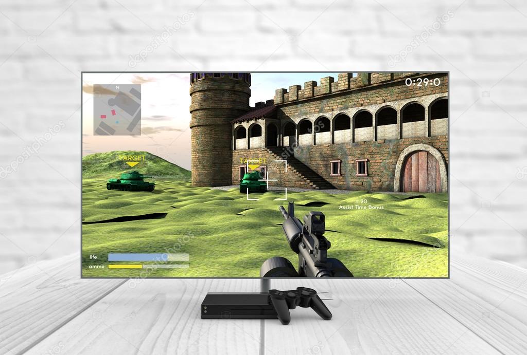 TV with shooter game on the screen