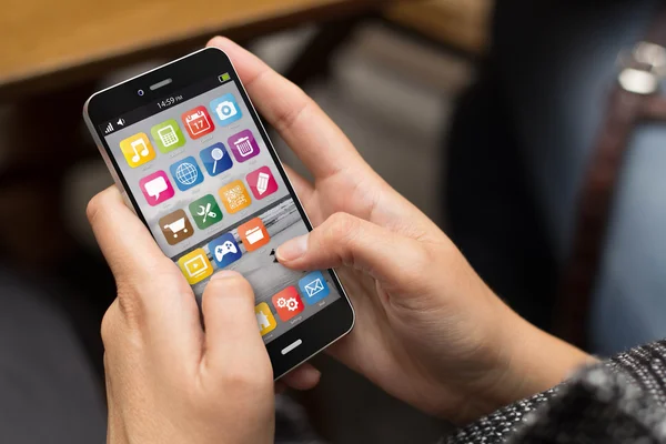 Girl using a digital generated smartphone — Stock Photo, Image