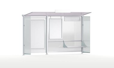 Modern otobüs durağı sığınağı, izole edilmiş Mockup, temiz şehir yapısı, beyaz arkaplanda 3D görüntüleme