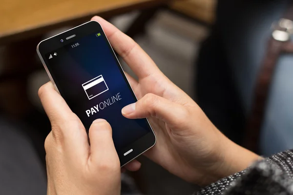 Girl using smartphone with pay online — Stock Photo, Image