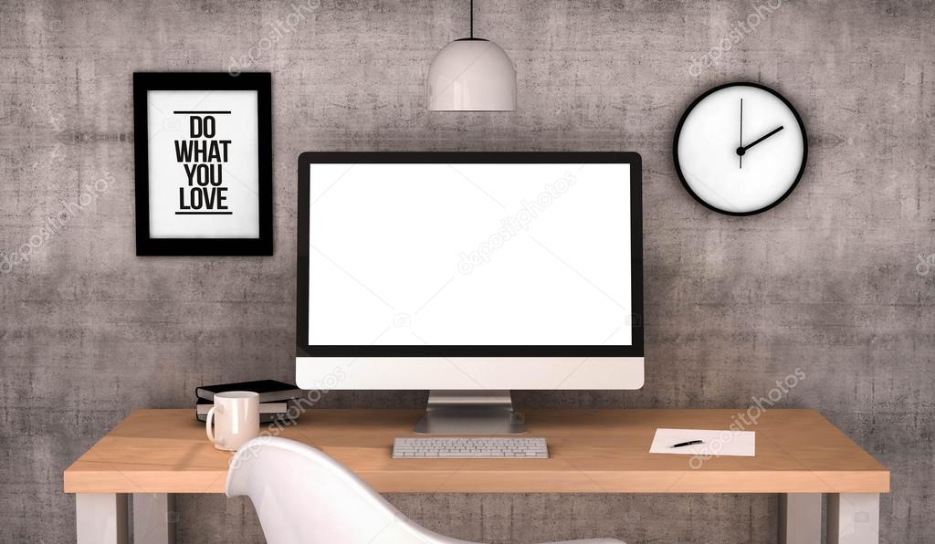 workspace desktop with blank screen computer