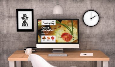 workspace desktop with cooking blog on the screen