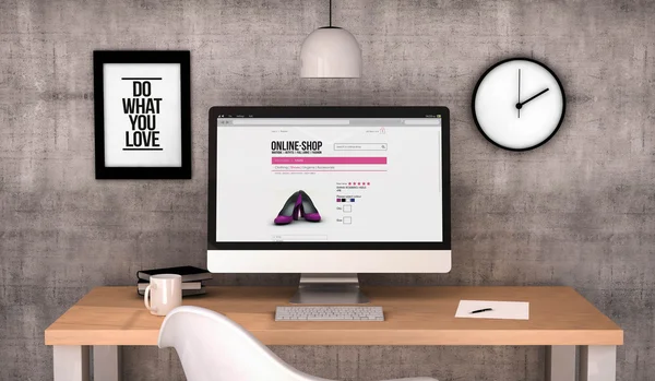 Workspace desktop with online shop on the screen — Stock fotografie