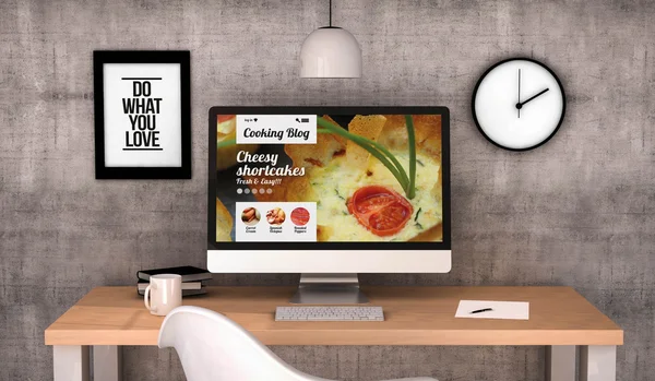 Escritorio de espacio de trabajo con blog de cocina en la pantalla — Foto de Stock