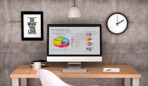 Workspace desktop with finances on screen computer — Φωτογραφία Αρχείου