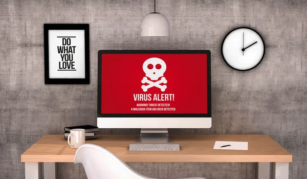 Desktop espaço de trabalho com alerta de vírus na tela — Fotografia de Stock