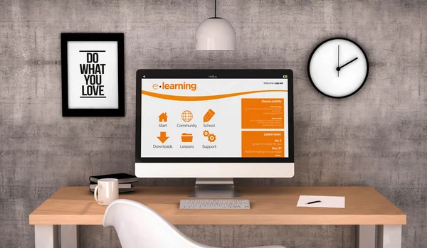Workspace desktop with elearning on screen computer — Stockfoto