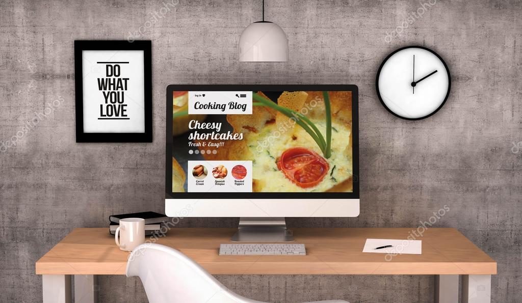 Workspace Desktop With Cooking Blog On The Screen Stock Photo Digital Generated Workspace Desktop With Cooking Blog On The Screen All Graphics Are Made Up 3d Photo By Georgejmtle