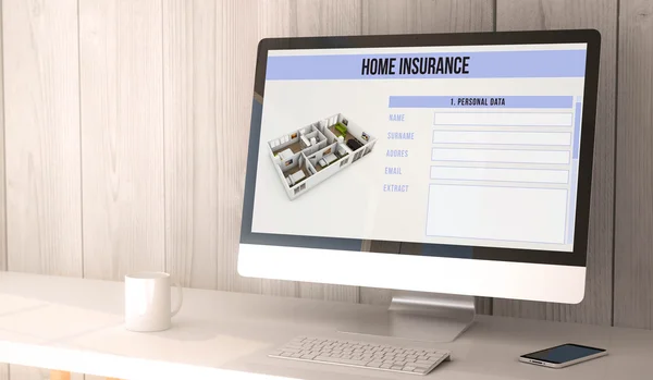Computadora y teléfono inteligente con seguro de hogar en la pantalla —  Fotos de Stock