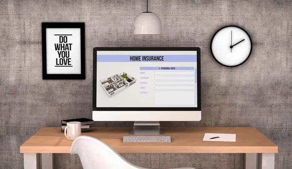 Plocha pracovního prostoru s domů pojištění na obrazovce — Stock fotografie