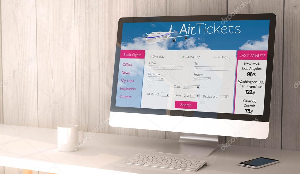 desktop computer with tickets flight web site