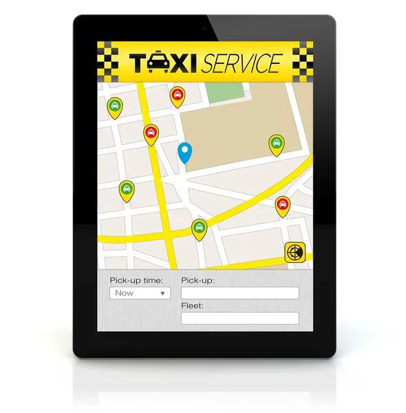 Počítač tablet pc s taxi app na obrazovce — Stock fotografie