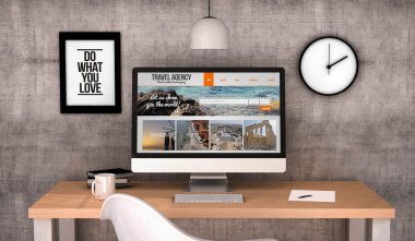 workspace desktop with travel agency website clipart