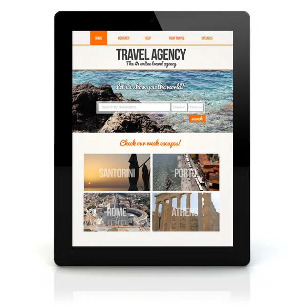 Tablet pc with travel agency on the screen — Stock Photo, Image