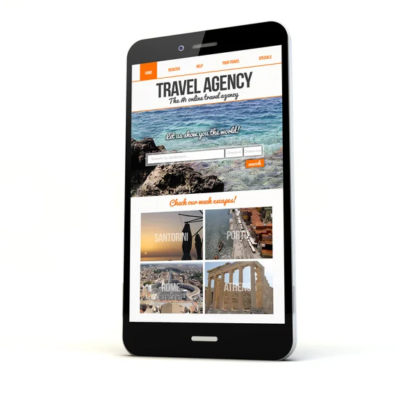 Phone with travel agency website on the screen — Stock Photo, Image