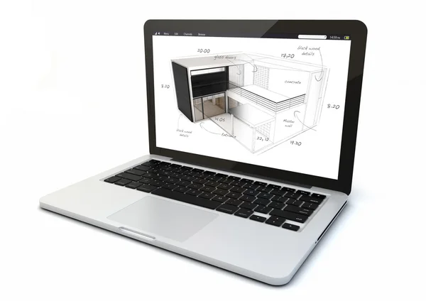 Laptop architecture house render project — Stok fotoğraf