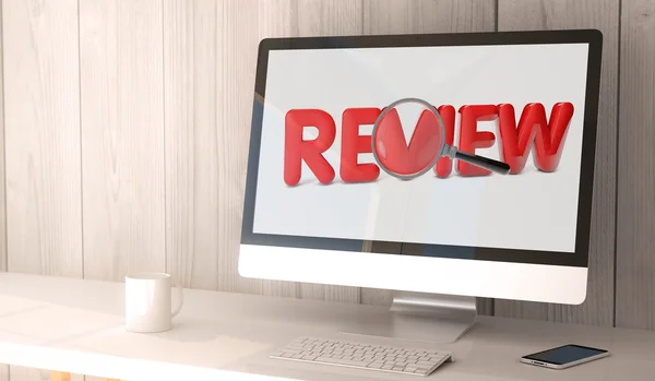 Desktop computer with review on the screen — Stock Photo, Image