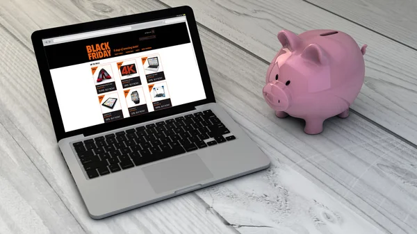 Laptop med svart fredag app och piggybank — Stockfoto