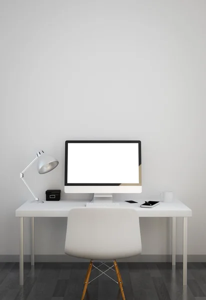 Clean workspace with white screen — Stockfoto