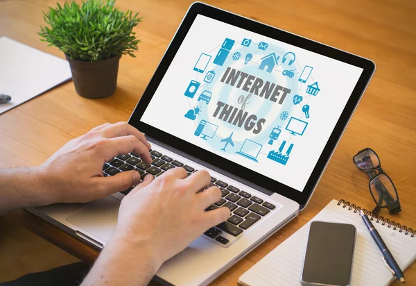 Internet of things on the screen at a laptop — 스톡 사진