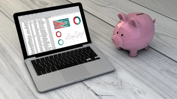 Finances and piggybank with spreadsheet — Zdjęcie stockowe