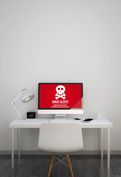 Espaço de trabalho limpo com alerta de vírus na tela do computador — Fotografia de Stock