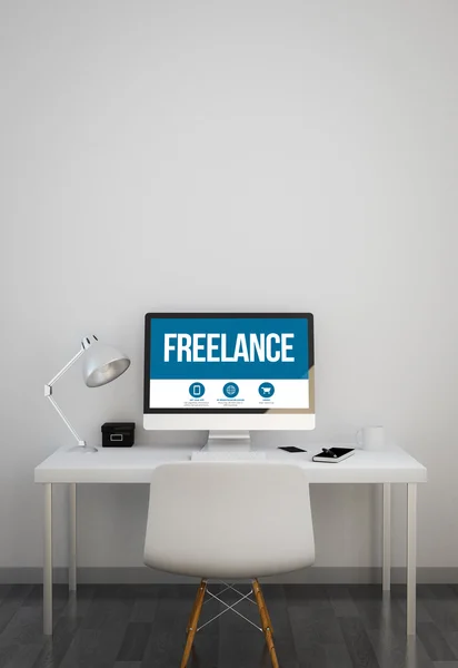 Espacio de trabajo limpio con freelance en la pantalla del ordenador —  Fotos de Stock