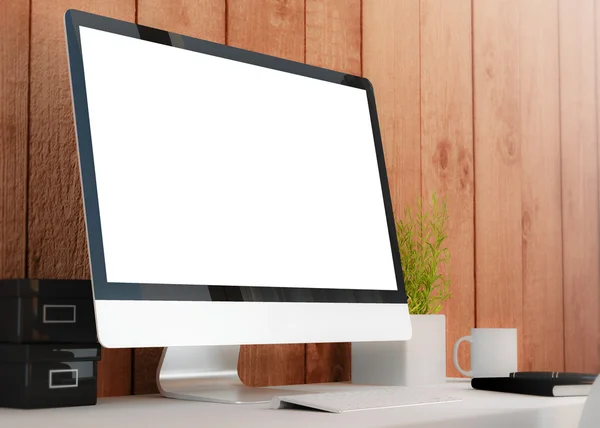 Modern workspace with blank screen — Stok fotoğraf