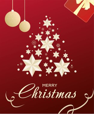 Mutlu Noeller ve mutlu yıllar. Yıldızlardan yapılmış bir Noel ağacının silueti. Noel posteri, bayram afişi, el ilanı, şık bir broşür, tebrik kartı. Vektör illüstrasyonu.