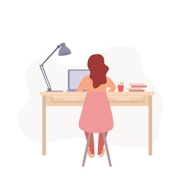 Ev konsepti tasarımında çalışıyorum. Evde dizüstü bilgisayarla çalışan serbest çalışan bir kadın. Beyaz arkaplanda vektör çizimi izole edildi. Çevrimiçi eğitim, eğitim.