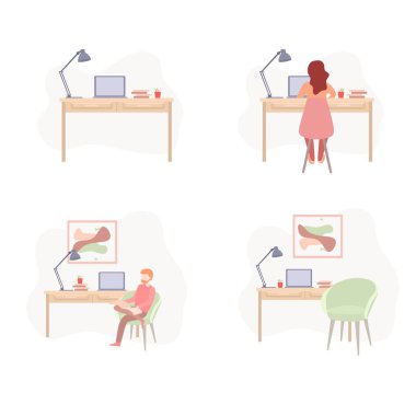 Modern ofis ya da ev işyeri tasarımı. Evde çalışmak, ortak çalışma alanı, konsept illüstrasyon. Genç insanlar, MN ve Womn bağımsız çalışanları evde dizüstü bilgisayarlarla çalışıyorlar. Vektör düz biçim illüstrasyonu