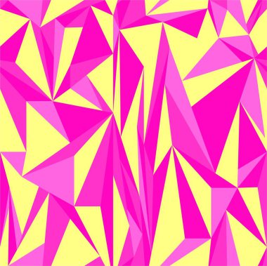 Parlak geometrik çokgen kusursuz desen. Pembe ve sarı üçgenli bir arka plan. Tasarım, tekstil ve parmak izleri için arka plan. Vektör illüstrasyonu.